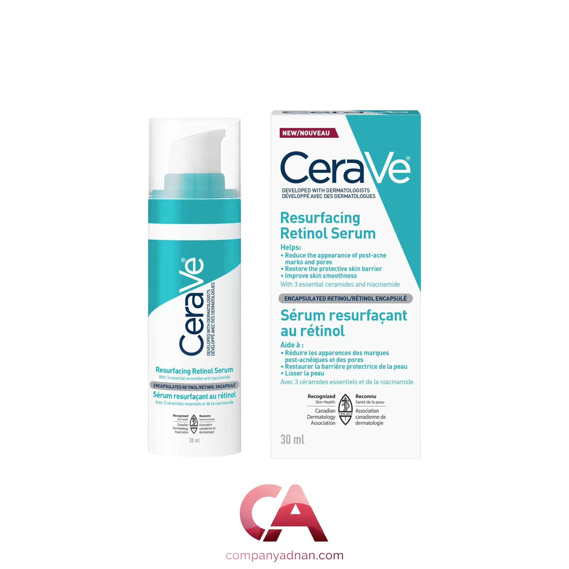 سرم رتینول سراوی حاوی سراماید و نیاسینامید مناسب پوست های مستعد لک CeraVe Resurfacing Retinol Serum with Ceramides & Niacinamide for Blemish-Prone Skin 30ml
